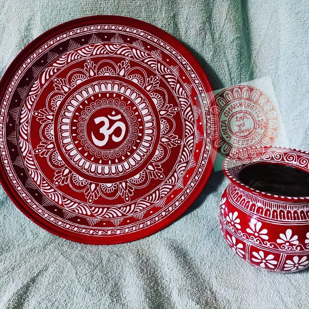 Hand Painted Decorative Pooja Thali 14x14 Inch Thali With Kalash Combo 
