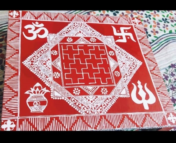 Uttarakhand Aipan Dhuliargh Chowki -(Multi Colour)| Pooja Chowki 15*13*4 |