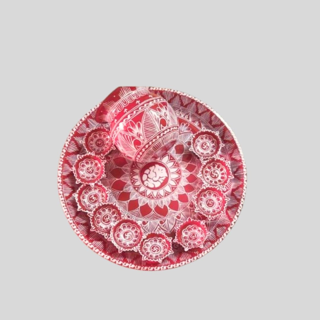 Aipan Thal Kalash Diye 10*10 inch Thaal Small lota Steel diya 6 