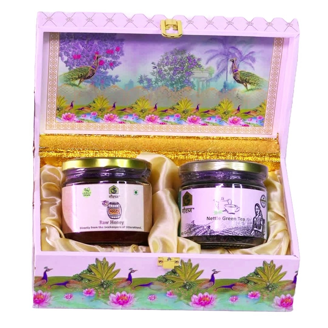 Gauraj Peacock Print MDF Gift Box With Two Glass Jars 
