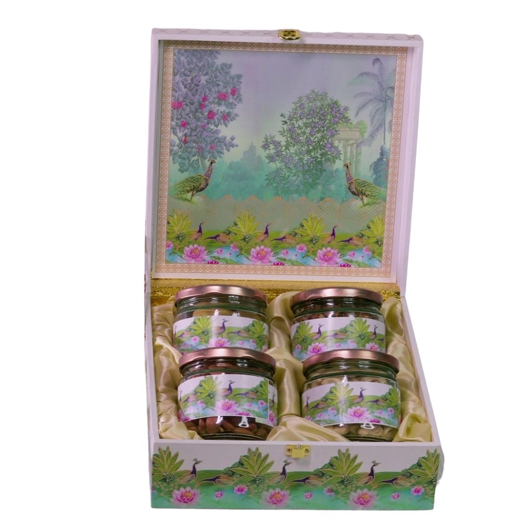 Gauraj Peacock Print MDF Gift Box With Four Glass Jars 