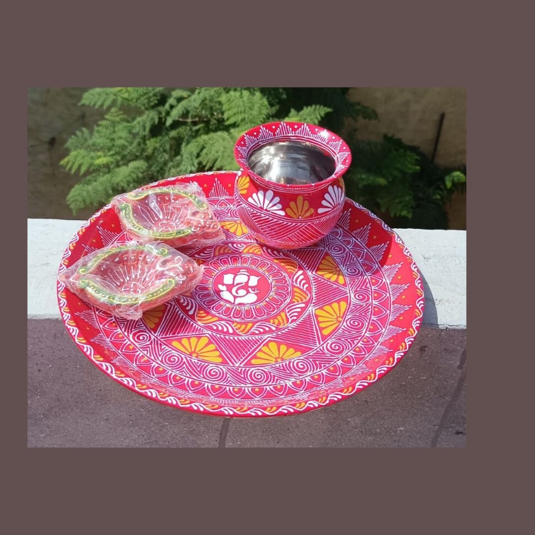 Hand Painted Decorative Pooja Thali |  12x12 Inch Thali With Kalash Combo |