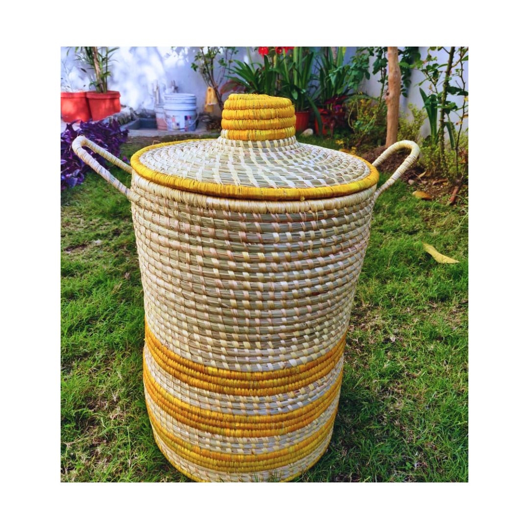 Baaduli -Natural fiber bin basket with lid | Laundry basket | Moonj/kansh grass |