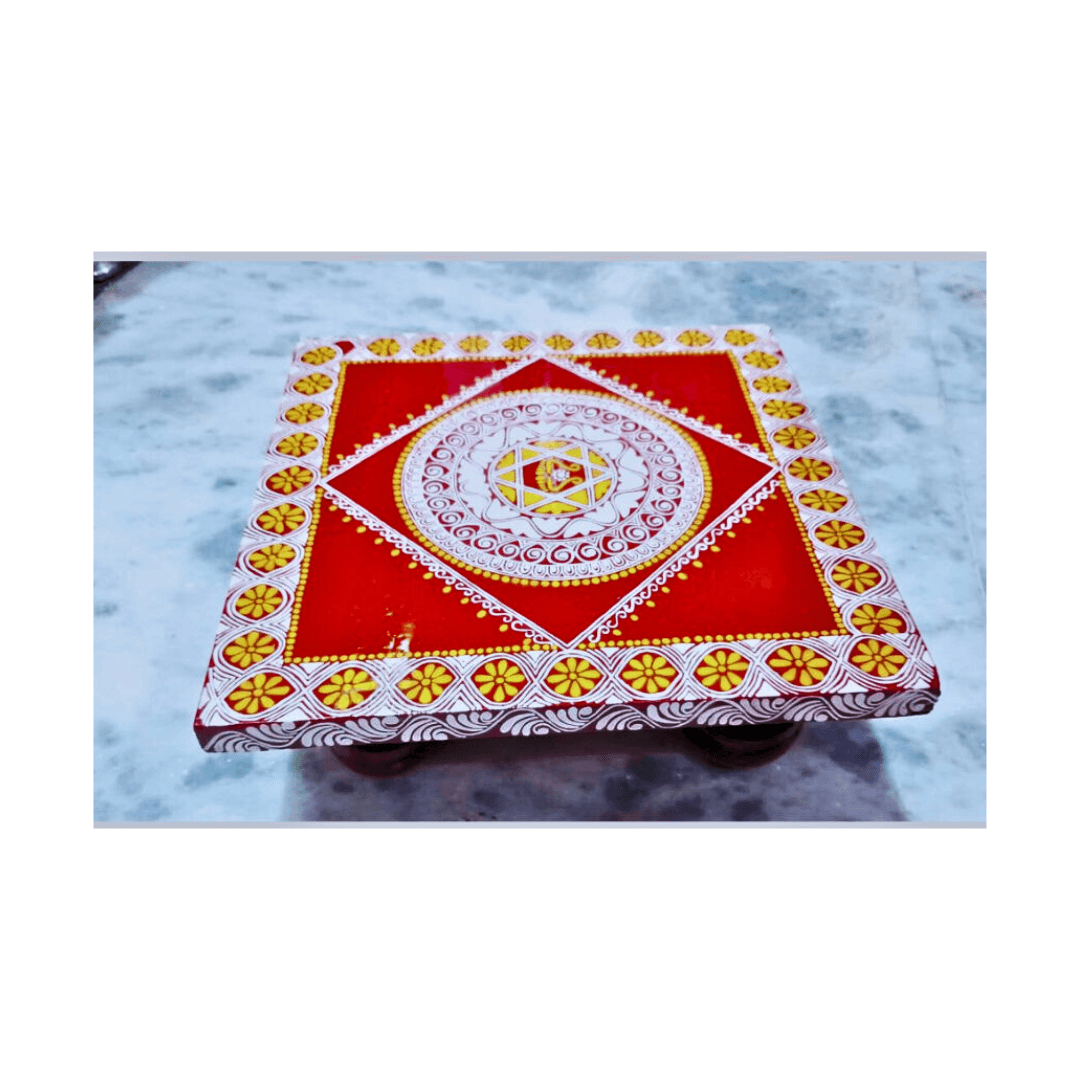 Aipan Handcrafted Square Wooden Puja Chowki