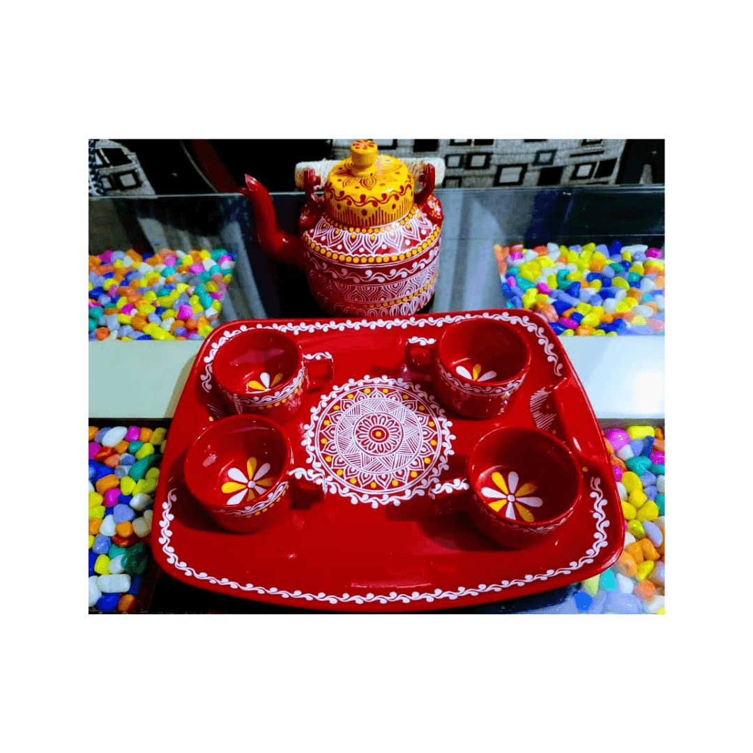 Aipan Traditional Kettle & Cup & Tea Tray Of Uttarakhand 