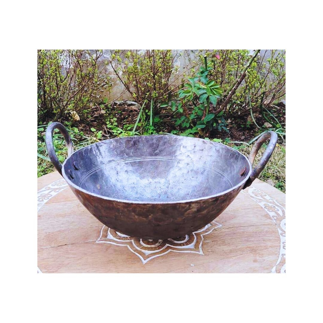 Household Iron Kadhai with Double Side Handle Traditional Pure Iron Kadai Heavy Base Round Bottom