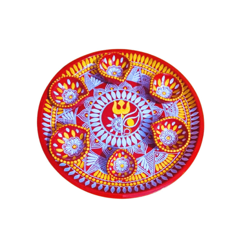 Aipan Pooja Thal with 6 Aipan Diyas – Traditional Uttarakhand Art