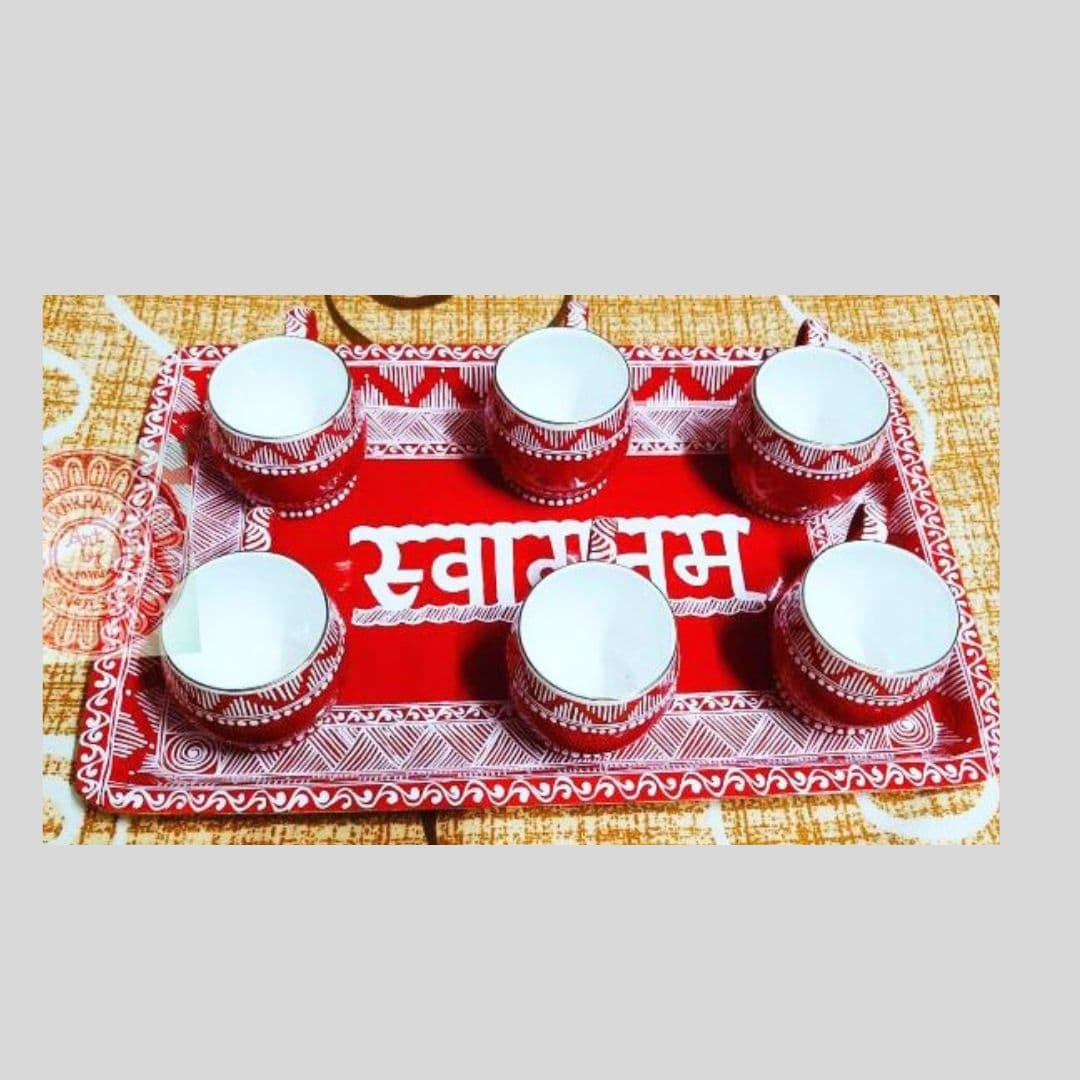 Uttarakhand Aipan Tea cups set with tray | Decorative |