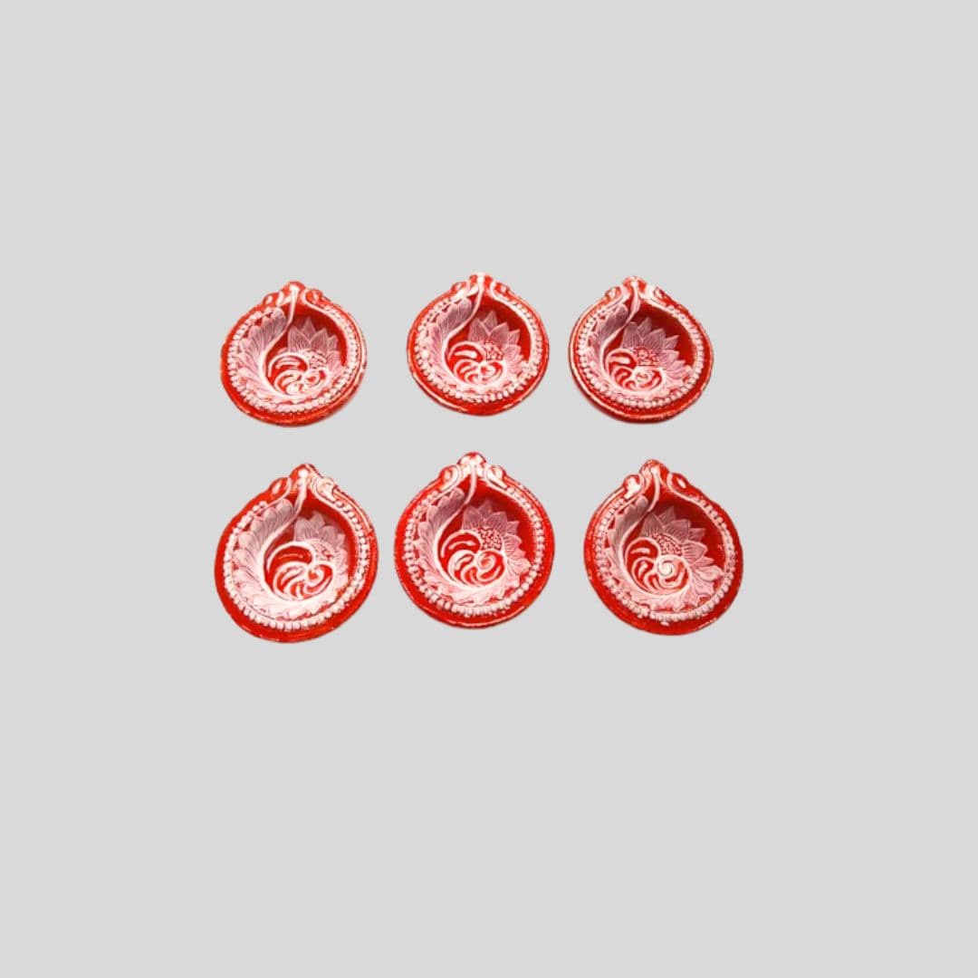 Pahadi Traditional Aipan Decorative Clay Diya for Pooja and Diwali Festival - Set of 6 Pcs