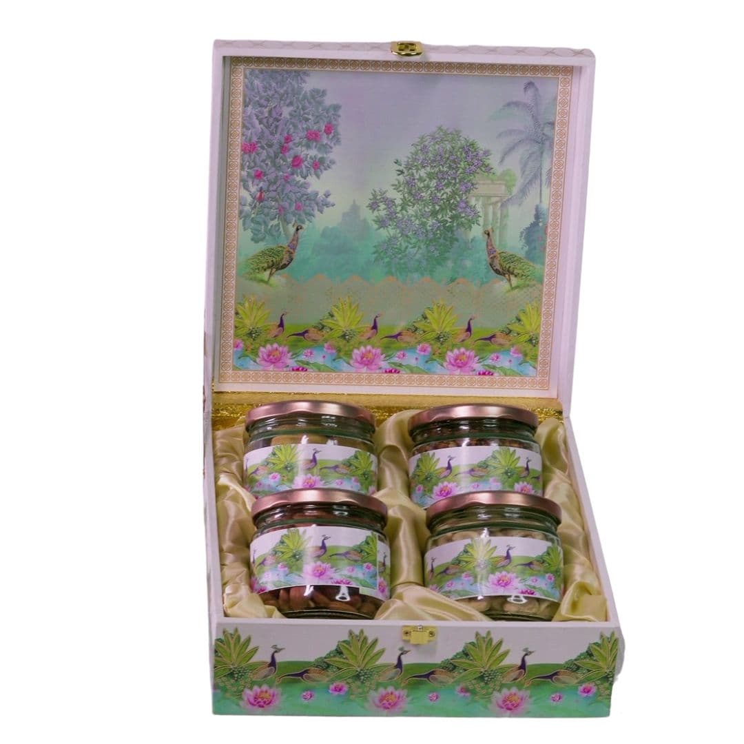 Gauraj Peacock Print MDF Gift Box With Four Glass Jars 